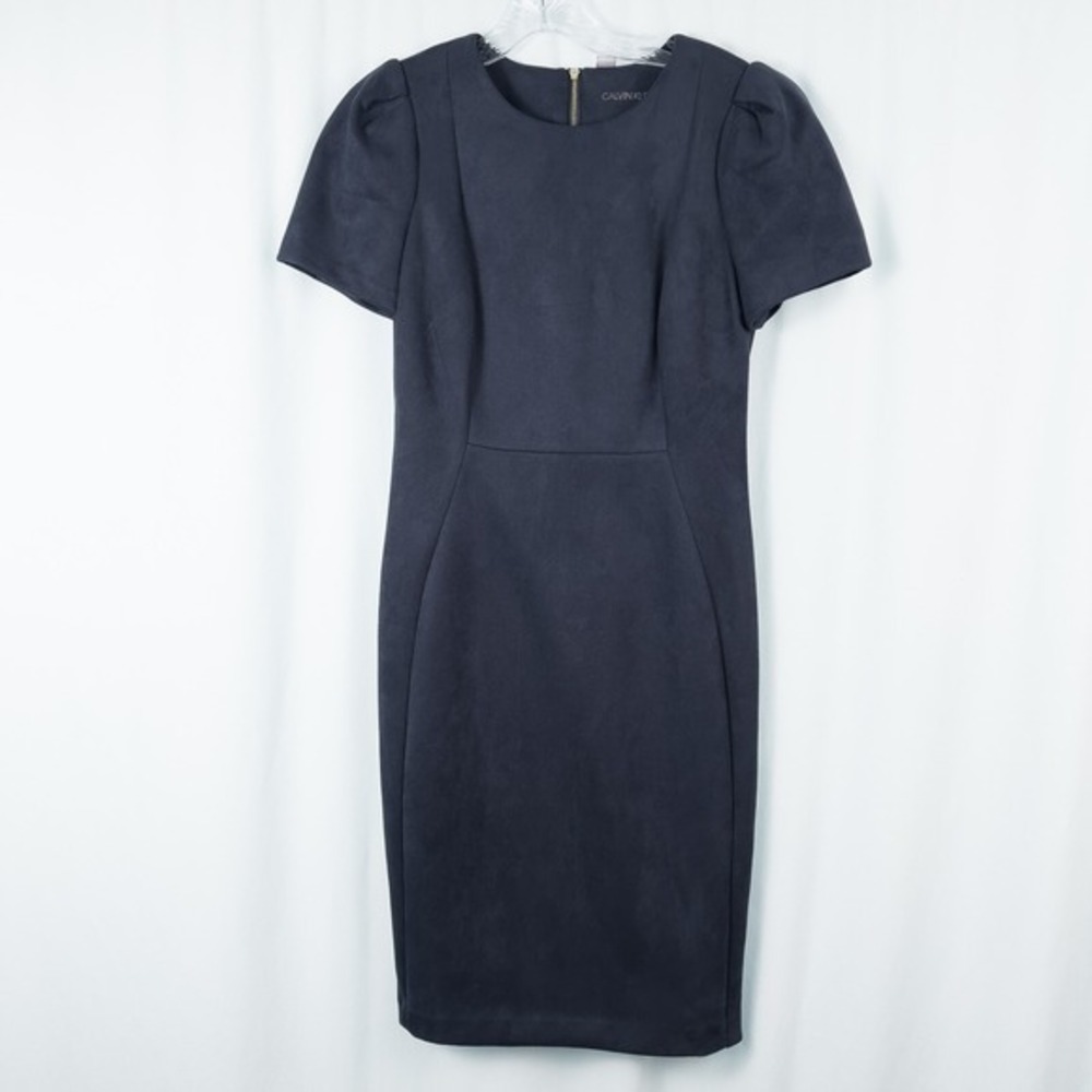 Calvin Klein Faux Suede Sheath Dress Size 6 Navy Blue Puff Sleeve Career Office